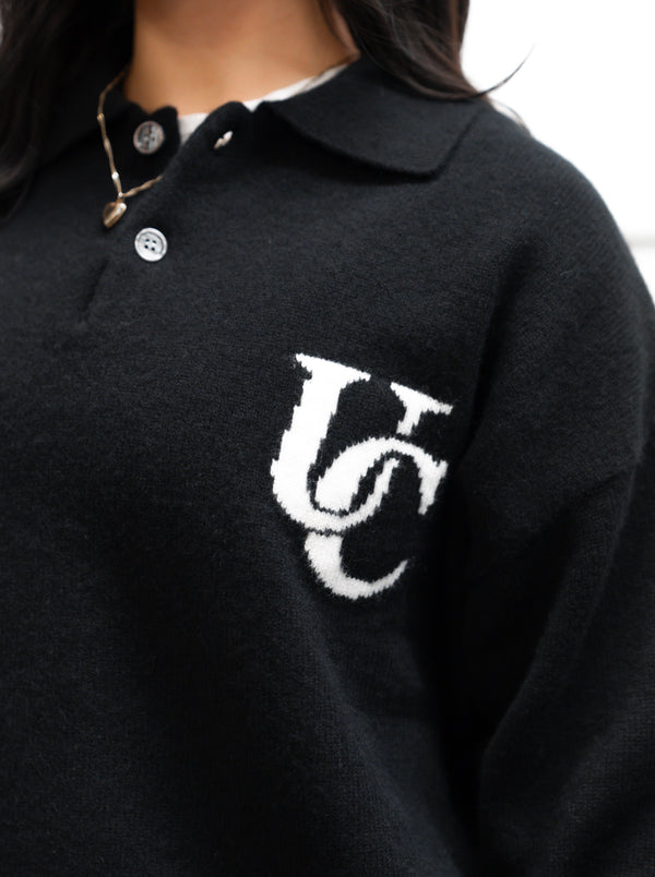 Wool Monogram Knit Polo - Black