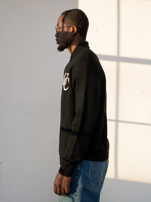 Wool Monogram Knit Polo - Black